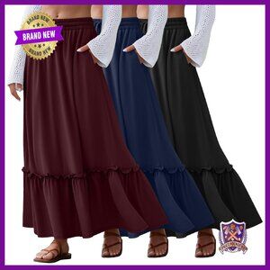 3 Pack Maxi Skirts Tiered Ruffle High Waist Drawstring Pockets Flowy